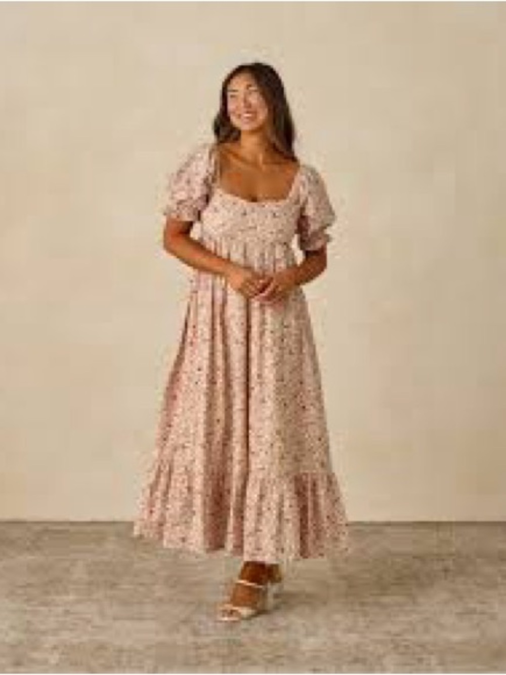 Floral Midi Dress with Smocked Bodice in Blush